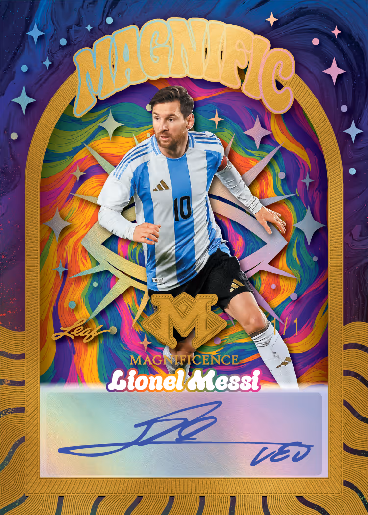 Lionel Messi autograph preview from 2026 Leaf Magnificence Multi-Sport with psychedelic-style color.
