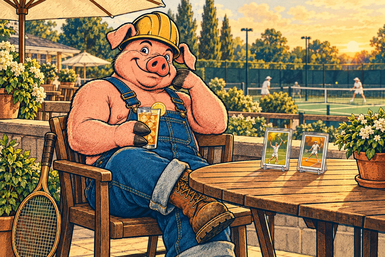 Hammy relaxing beside a tennis court with a racket and two protected tennis cards on the table.