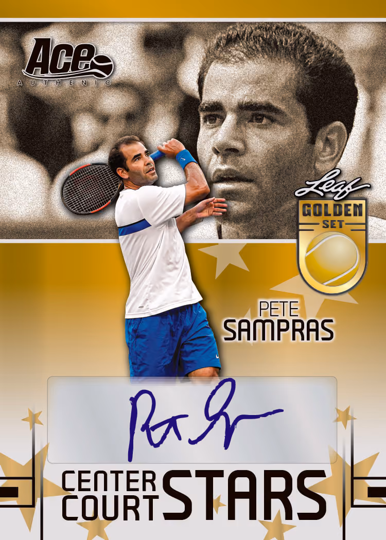 Pete Sampras Center Court Stars 2006 Ace-inspired autograph preview from 2026 Leaf Metal Golden Set Tennis.