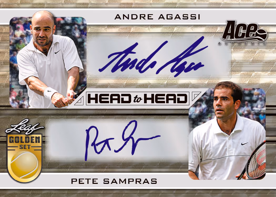 Andre Agassi and Pete Sampras Head to Head dual-autograph preview from 2026 Leaf Metal Golden Set Tennis.