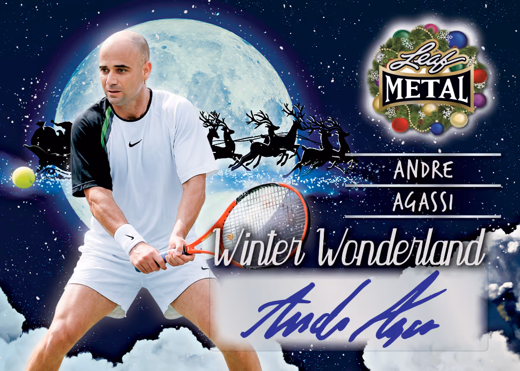 Andre Agassi Winter Wonderland autograph preview from 2026 Leaf Metal Happy Holidays, with a snowy moonlit background.