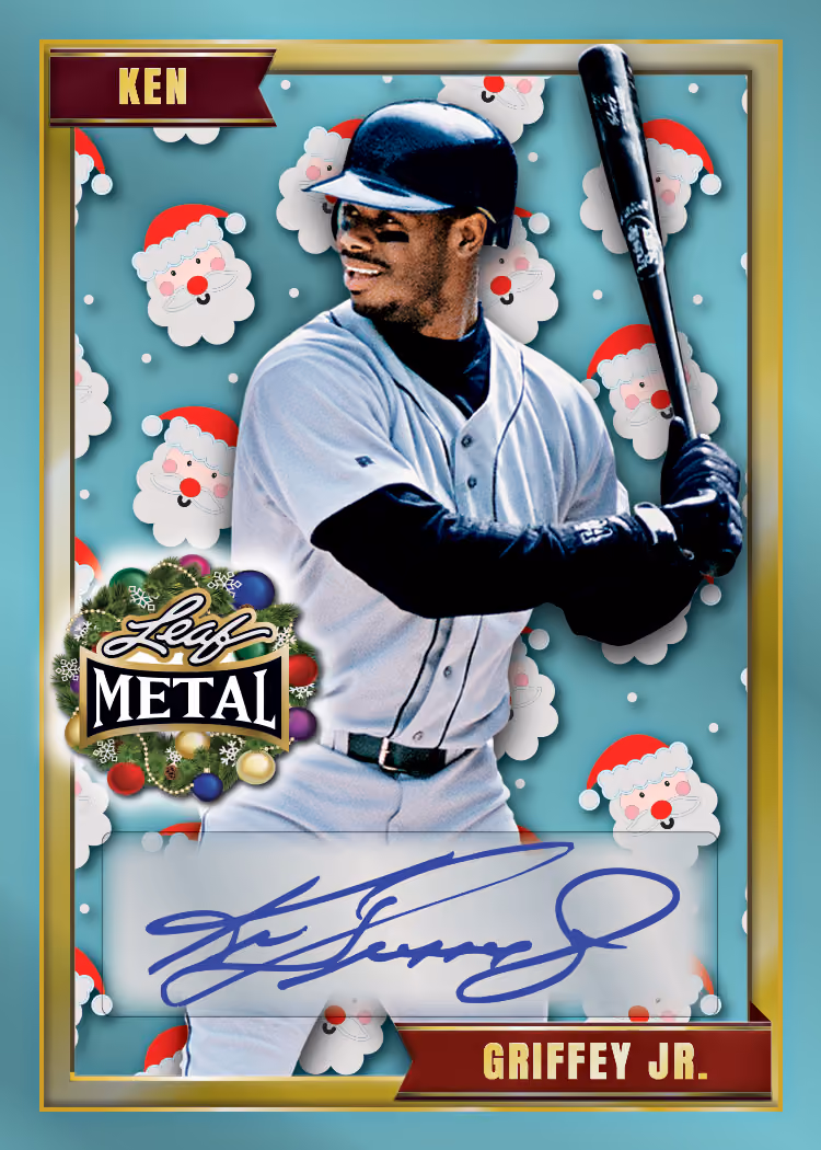 Ken Griffey Jr. autograph preview from 2026 Leaf Metal Happy Holidays with Santa-hat background motifs.