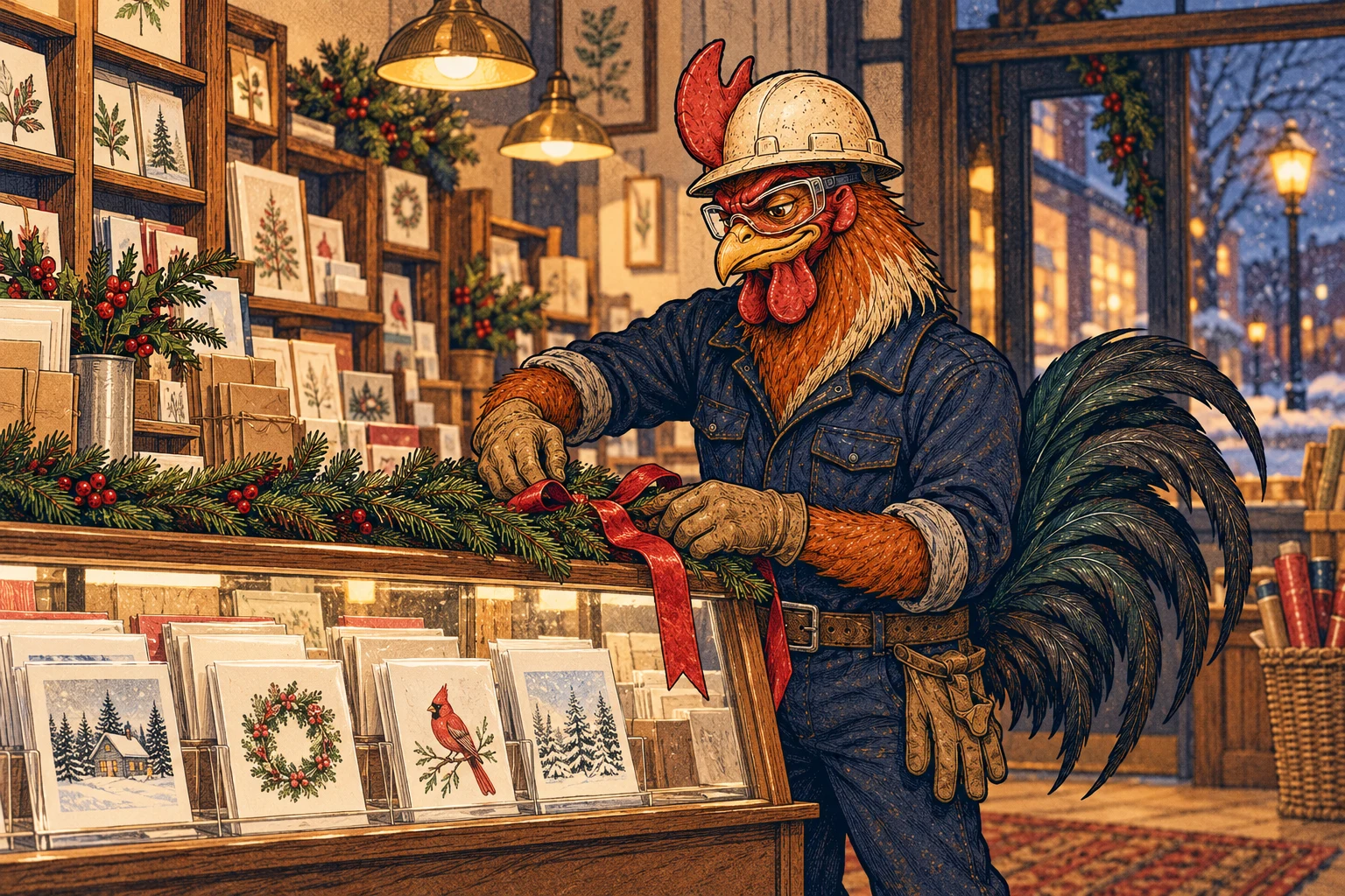 Riggs arranging evergreen branches and a red ribbon above the shop’s seasonal card display.