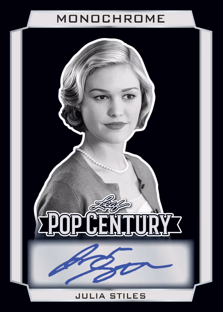 Julia Stiles Monochrome autograph preview from 2026 Leaf Metal Pop Century.