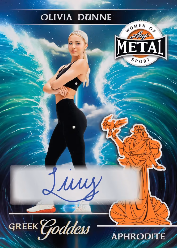 Olivia Dunne Greek Goddess Aphrodite autograph preview from 2026 Leaf Metal Women of Sport.