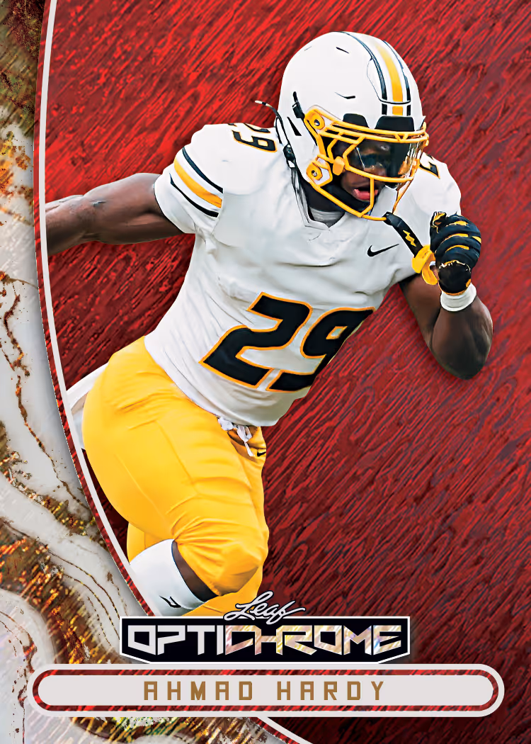 Ahmad Hardy action-card preview from 2026 Leaf Optichrome Football.