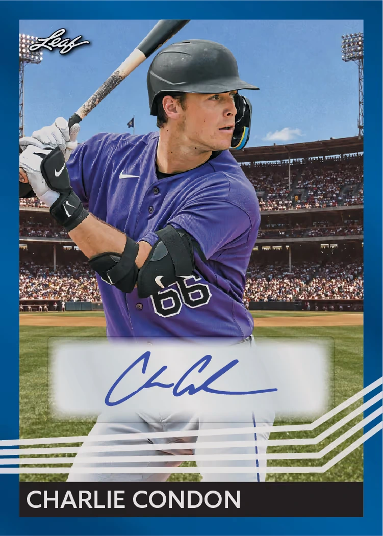 Charlie Condon 1984 autograph preview with blue border and thin white angled lines.
