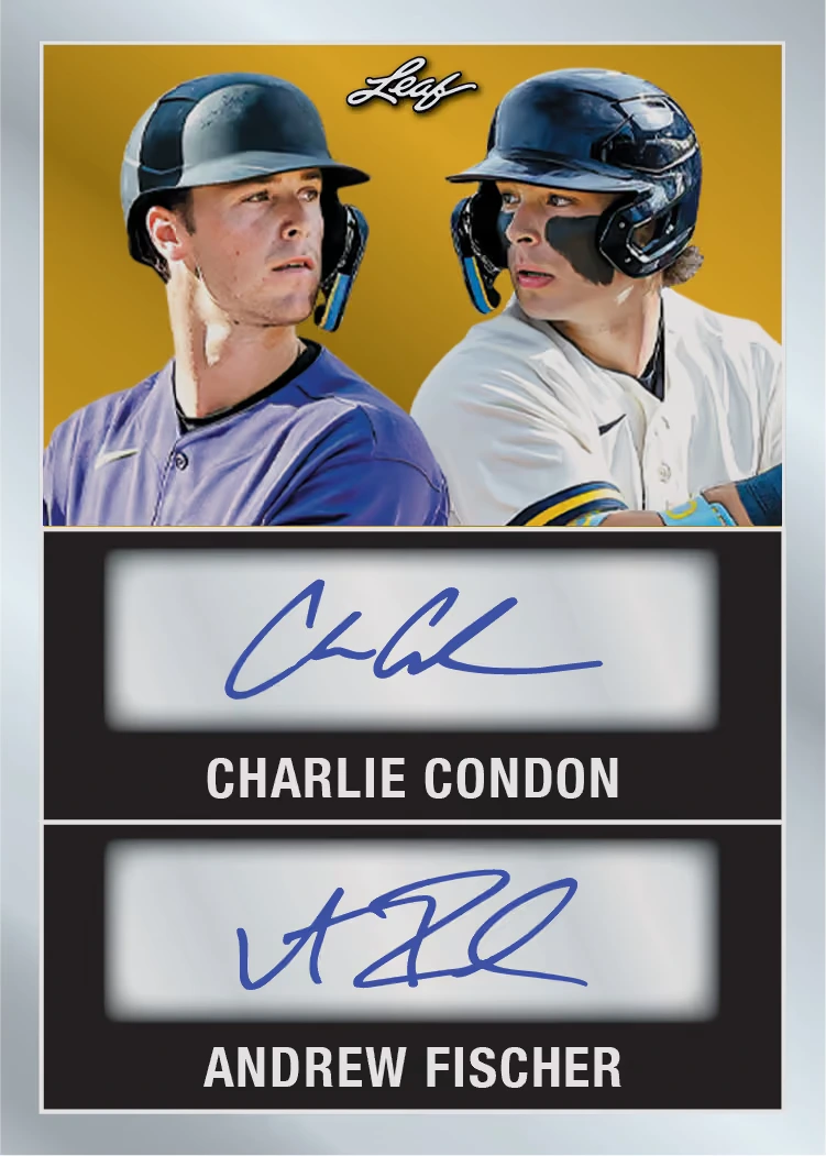 Charlie Condon and Andrew Fischer 1948 Dual Autograph preview, with two player portraits and separate stacked signature panels.