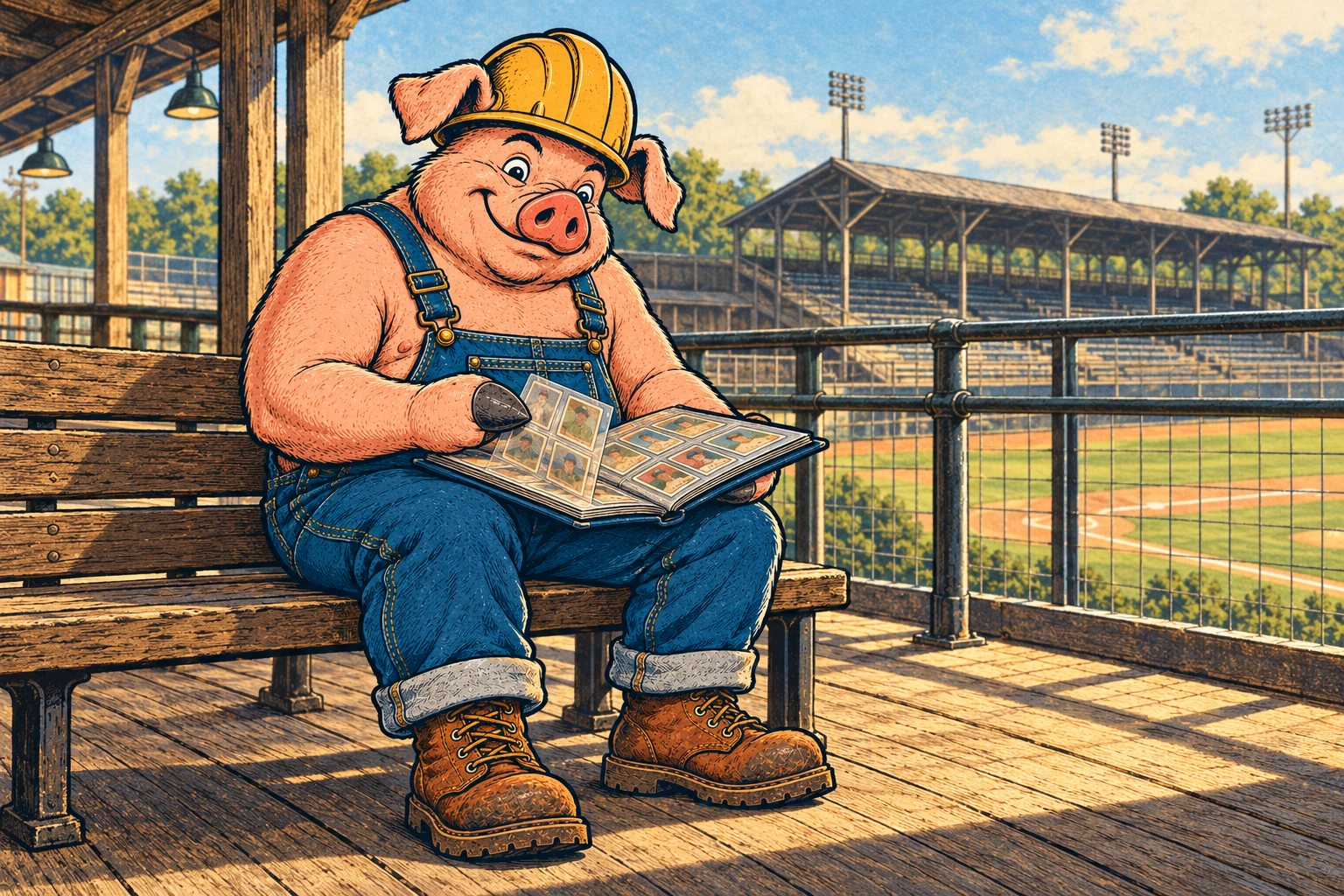 Hammy looking through a baseball-card album on a wooden ballpark bench.