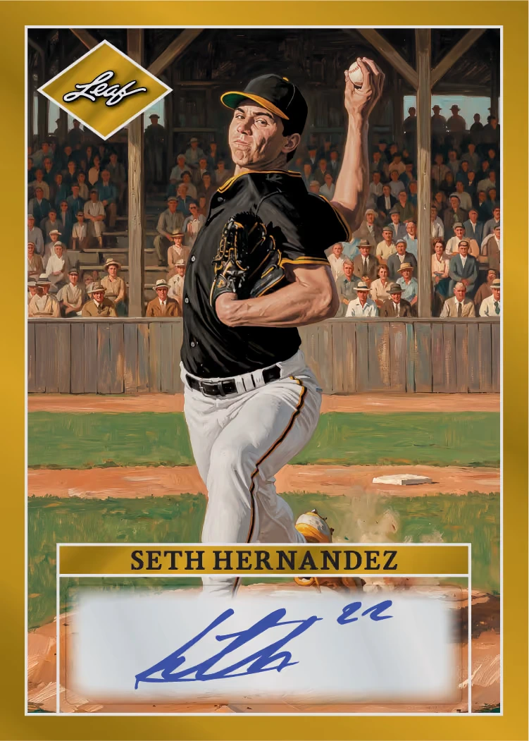 Seth Hernandez Baseball Illustrated autograph preview, showing a painted pitcher before wooden grandstands.