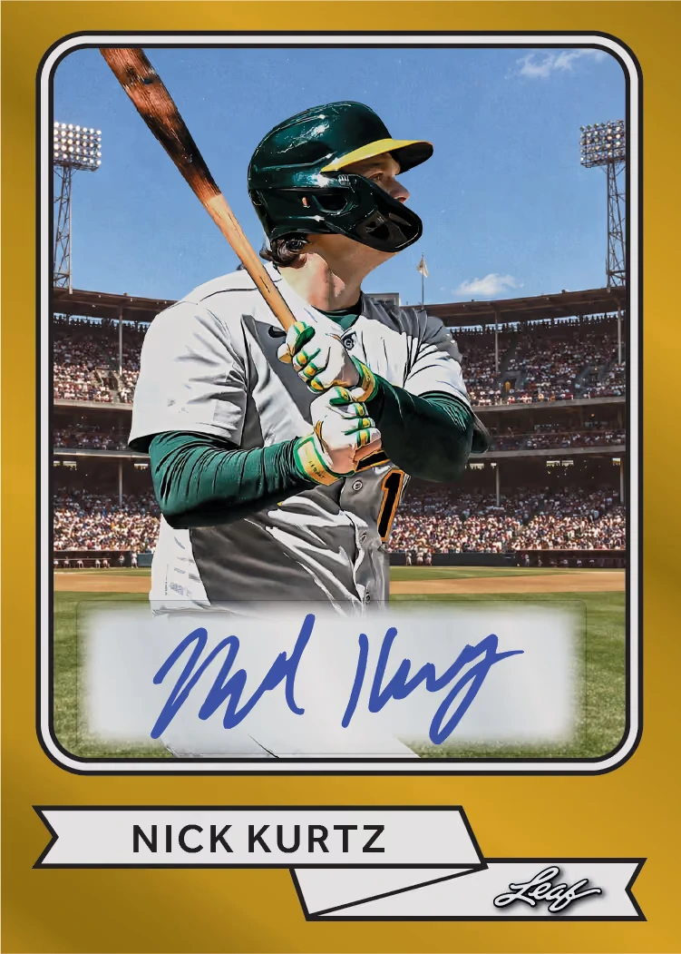 Nick Kurtz 1977 autograph preview with rounded photograph window and folded ribbon nameplate.
