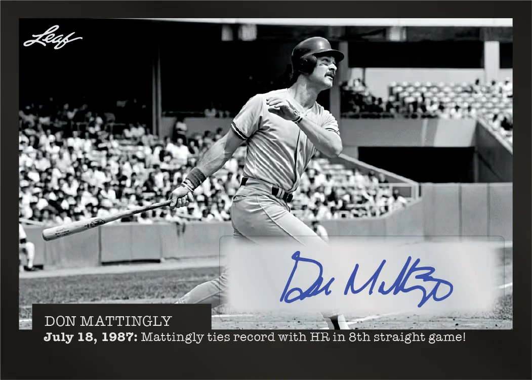 Don Mattingly Baseball Report Signatures preview with monochrome batting photograph, blue autograph and dated home-run-streak caption.