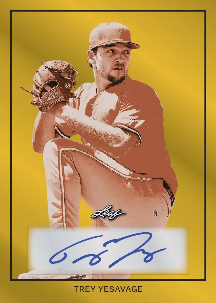 Trey Yesavage 1909 Cabinet autograph preview with warm-toned pitching image and blue signature.