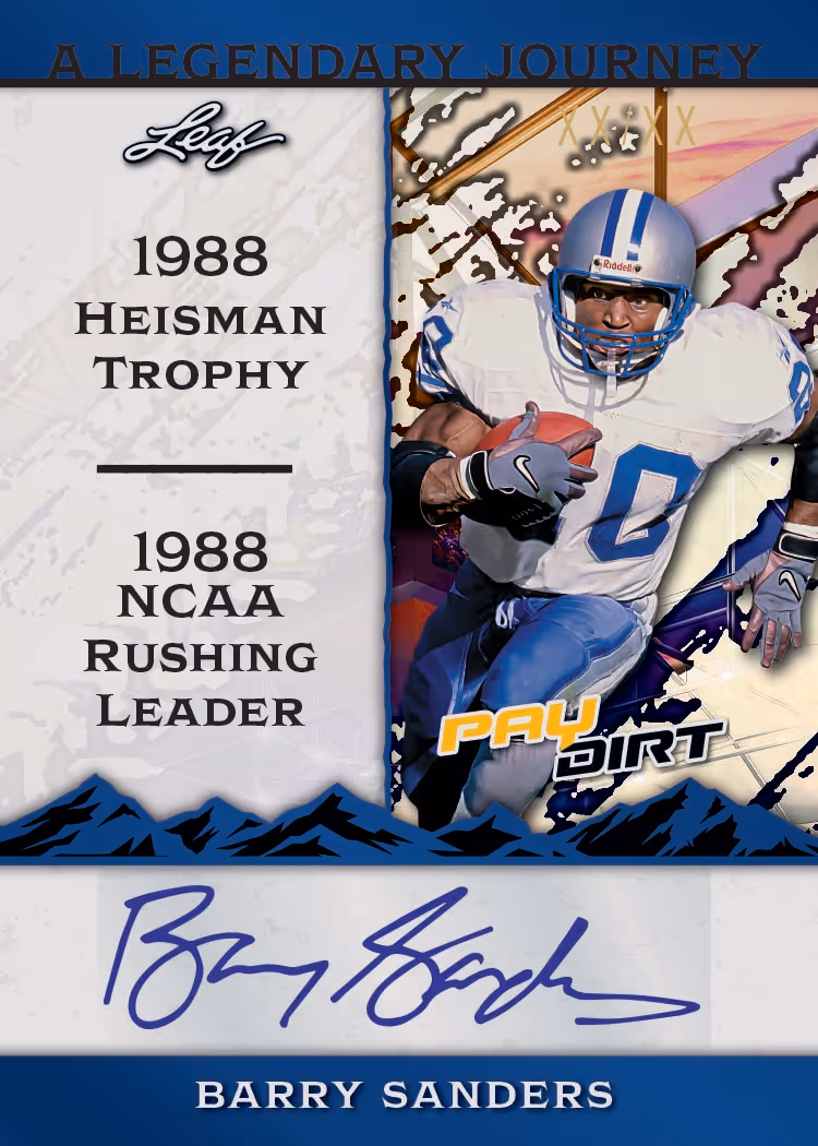 Barry Sanders A Legendary Journey autograph preview highlighting his 1988 Heisman Trophy and NCAA rushing-leader season from 2026 Leaf PayDirt Football.