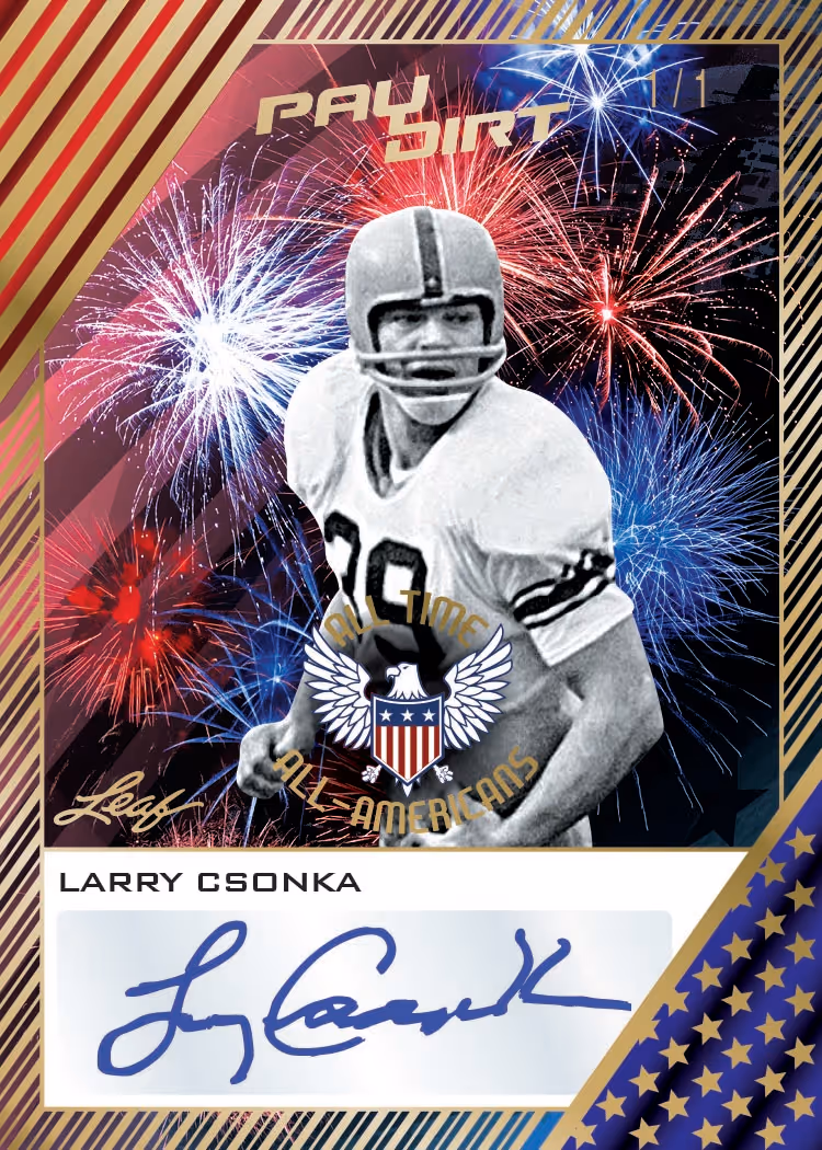Larry Csonka autograph preview with an American flag and fireworks from 2026 Leaf PayDirt Football.