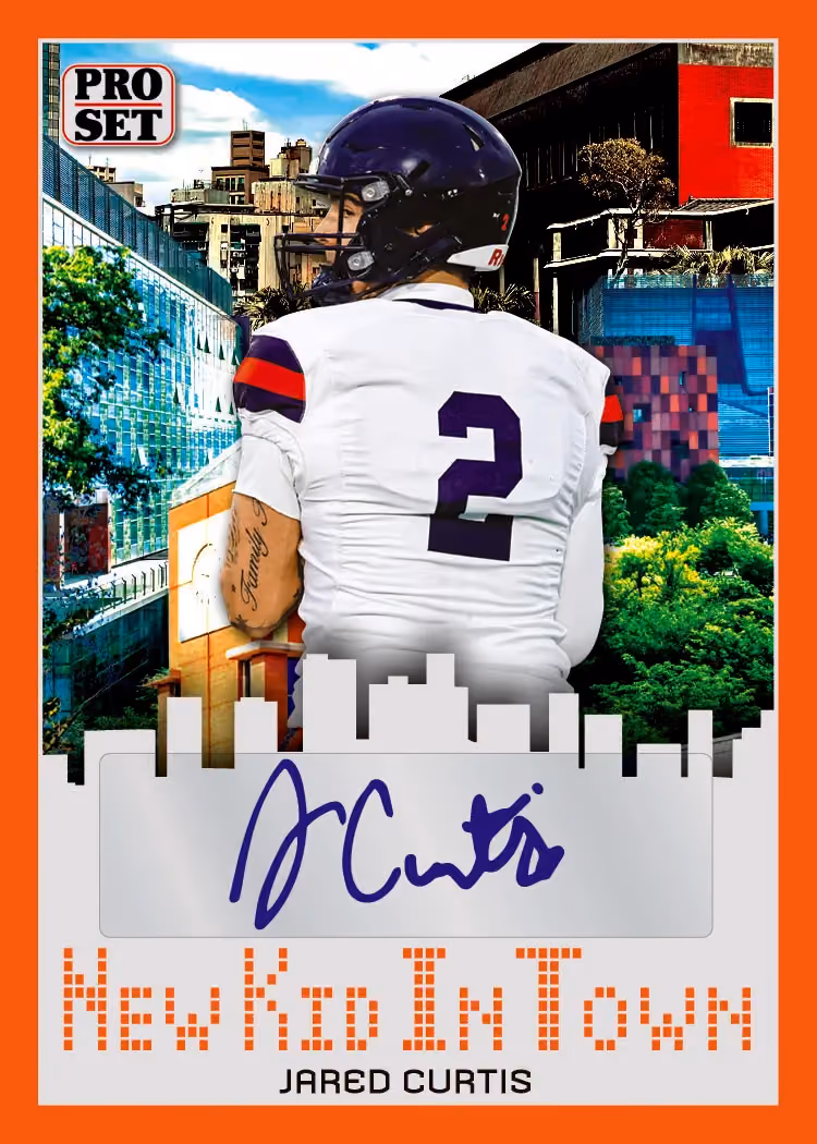 Jared Curtis New Kid in Town autograph preview from 2026 Pro Set Metal Football.