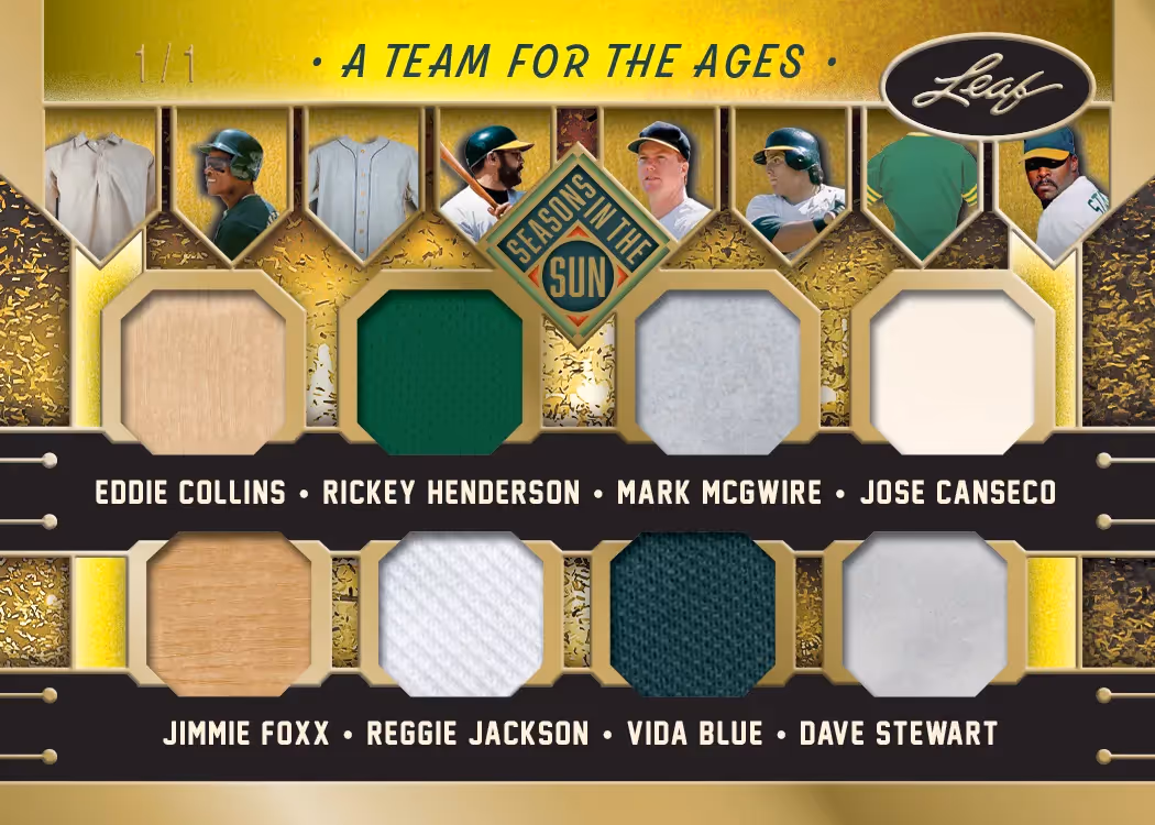 A Team for the Ages eight-player memorabilia preview from 2026 Leaf Seasons in the Sun Baseball.