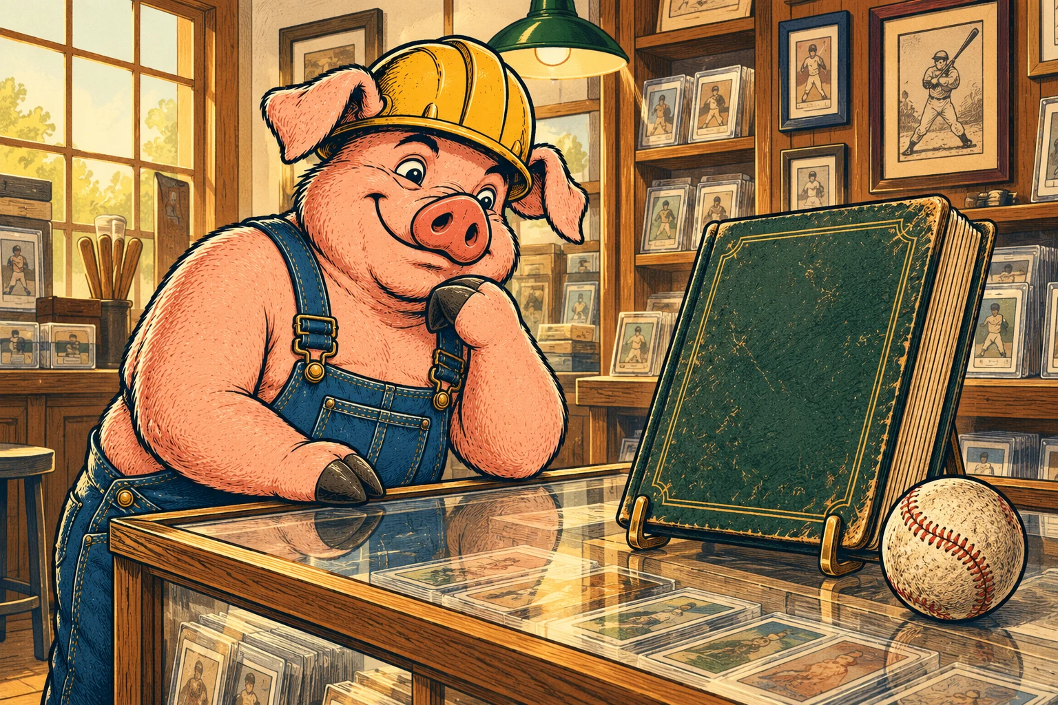 Hammy examining a large closed display book beside an old baseball at the card-shop counter.