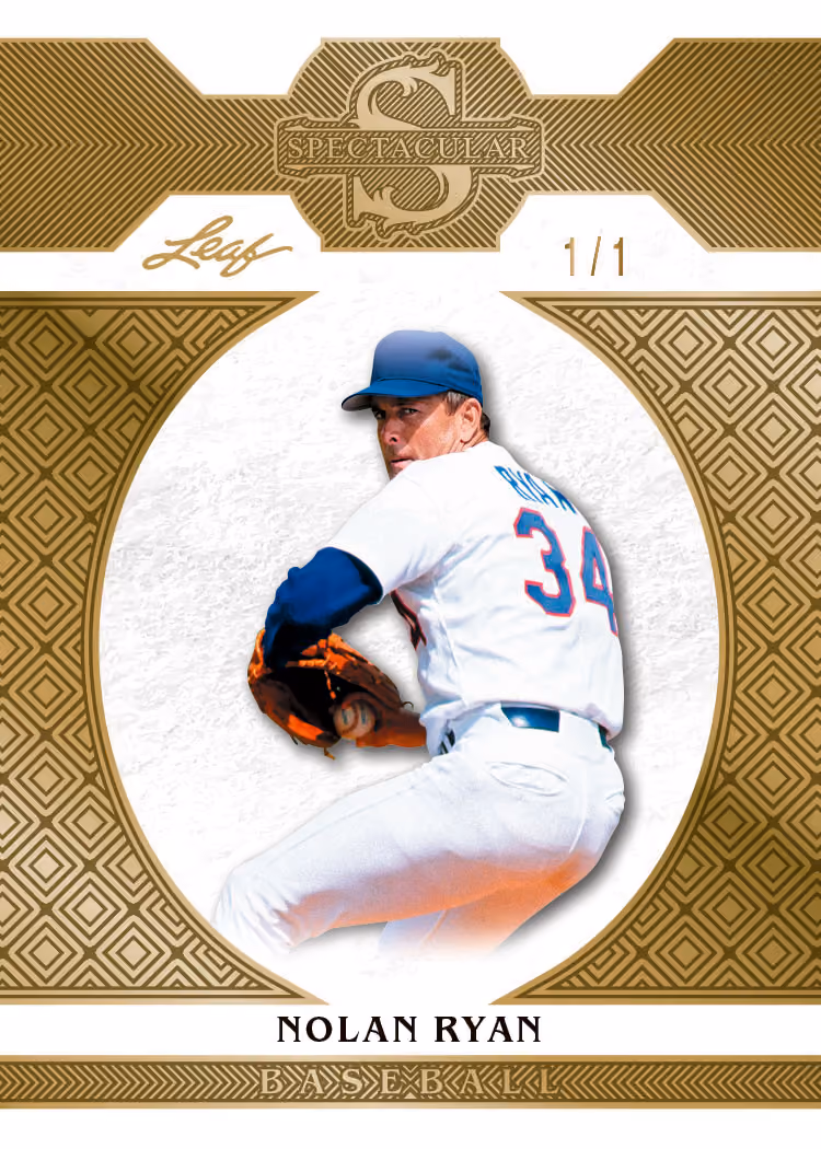 Nolan Ryan gold-framed base preview from 2026 Leaf Spectacular Baseball, pictured numbered 1/1.
