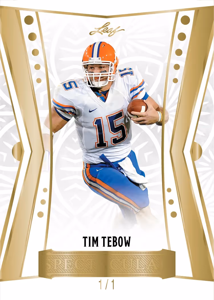 Tim Tebow gold-framed base preview from 2026 Leaf Spectacular Football, marked 1/1.