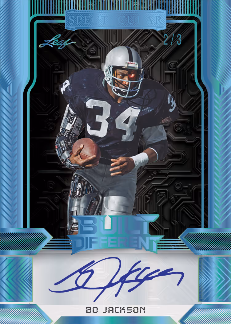 Bo Jackson Built Different autograph preview from 2026 Leaf Spectacular Football, numbered 2/3.