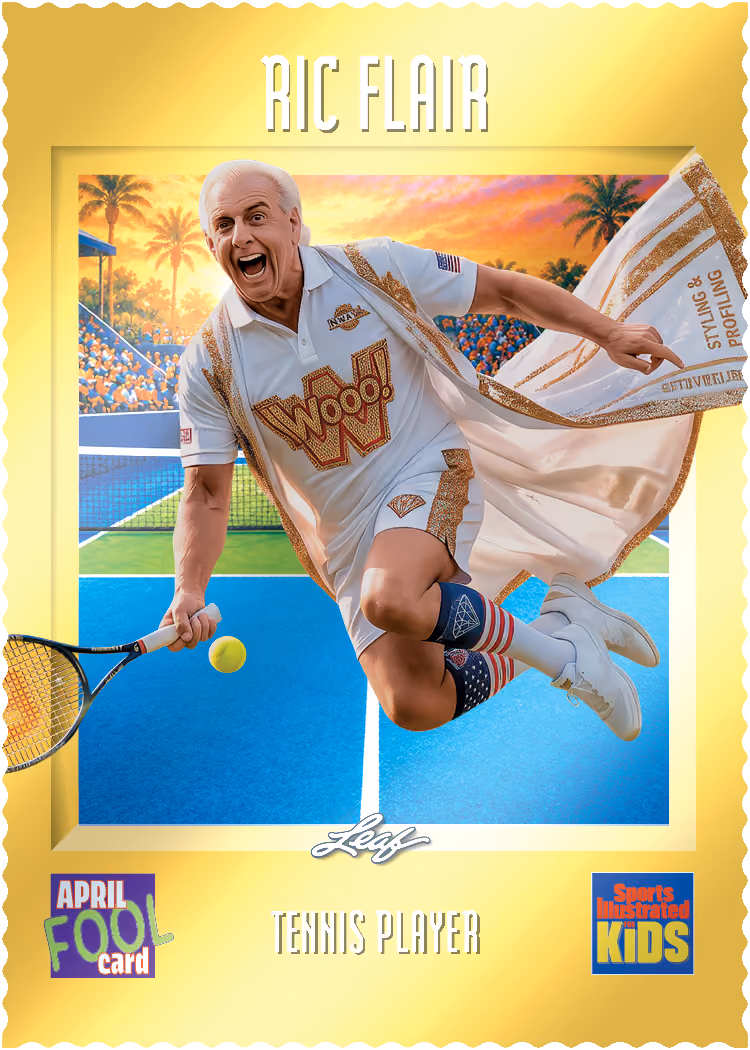 Ric Flair April Fool tennis-player card preview from 2026 Leaf Sports Illustrated for Kids Multi-Sport.