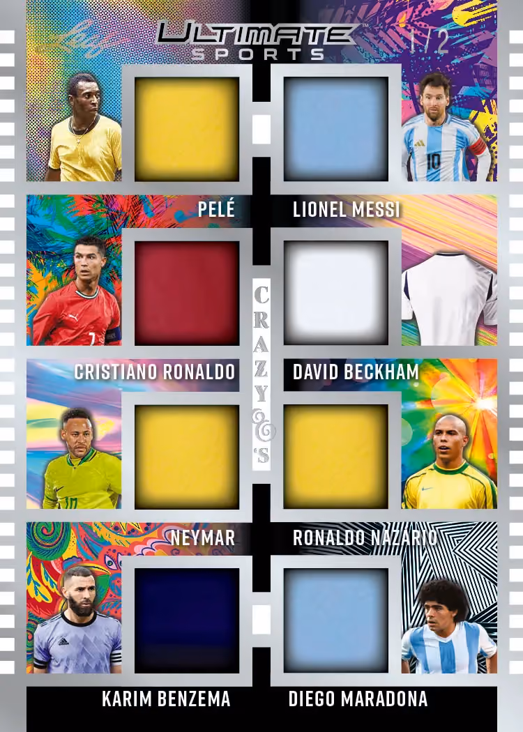 Eight-player soccer memorabilia preview from 2026 Leaf Ultimate Sports featuring Pelé, Messi, Cristiano Ronaldo and other stars.