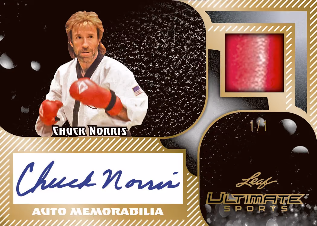 Chuck Norris autograph memorabilia preview from 2026 Leaf Ultimate Sports.
