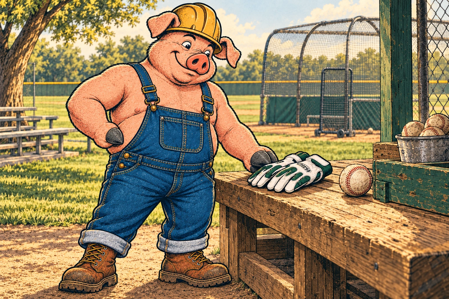 Hammy examines a plain pair of batting gloves on a wooden equipment bench beside a sunny baseball practice field.