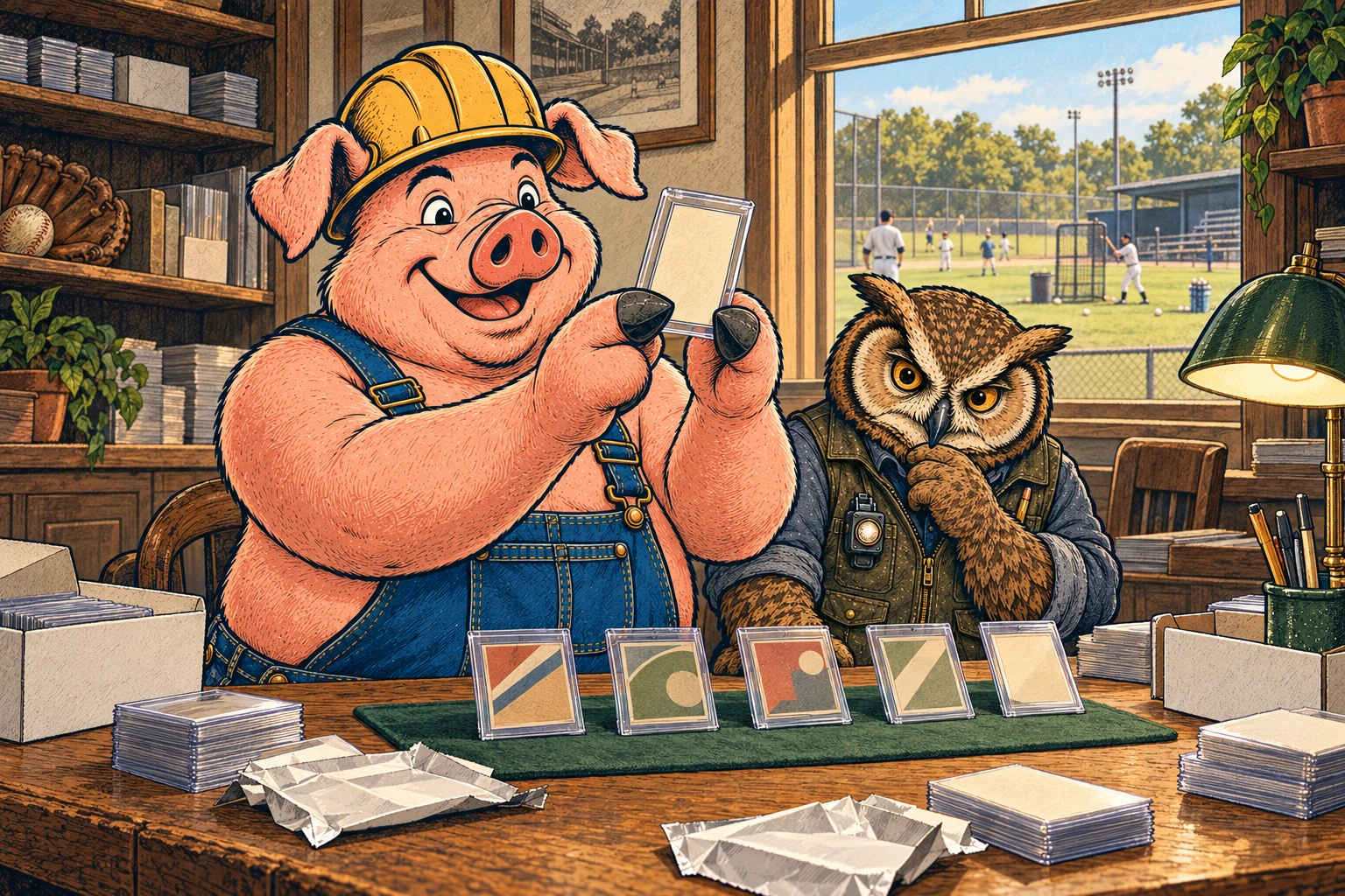 Hammy holds a card in a clear holder while Lemmy studies cards at a workbench overlooking a baseball practice field.