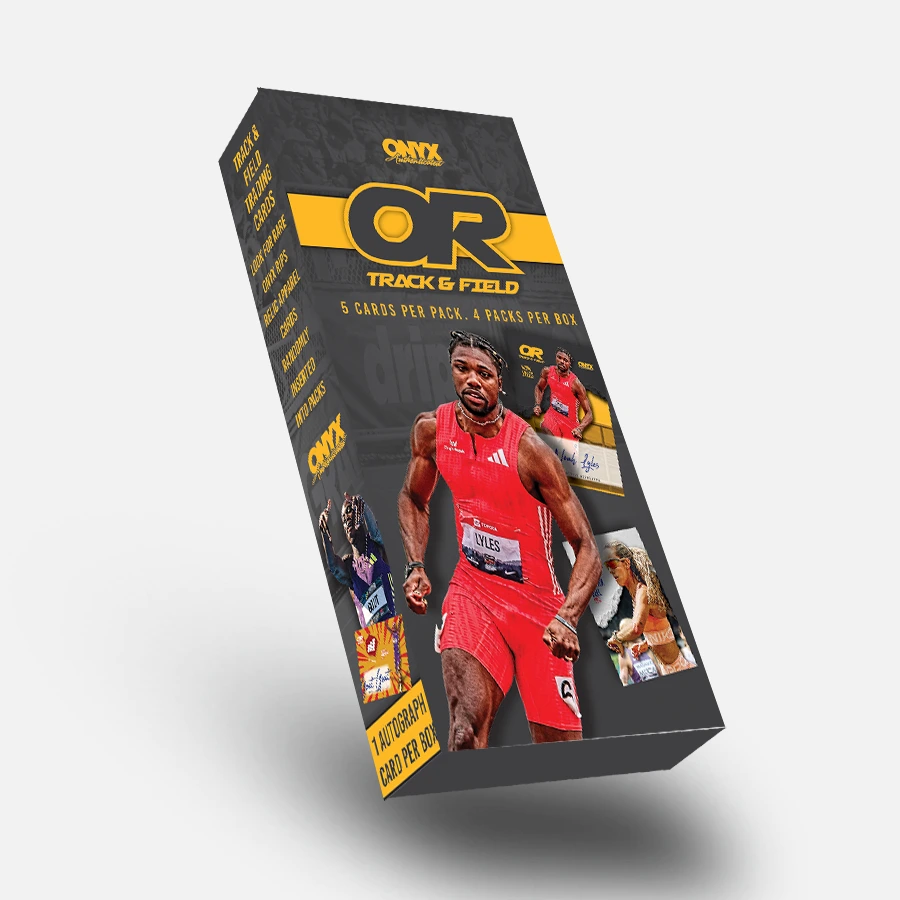 The 2026 Onyx Track and Field Blaster box, featuring Noah Lyles and a one-autograph-per-box statement.