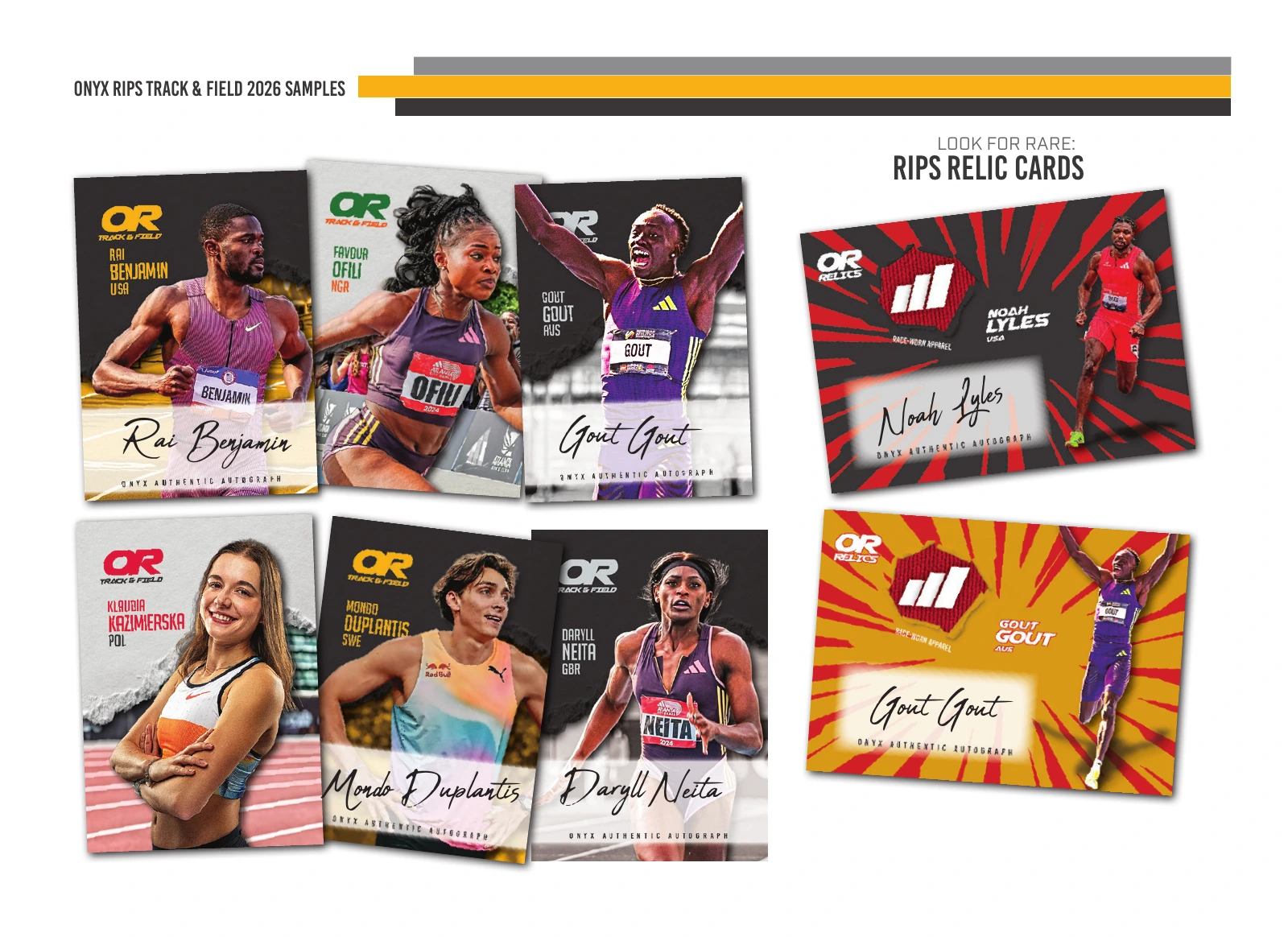 Onyx's sample sheet showing Rai Benjamin, Favour Ofili, Gout Gout, Klaudia Kazimierska, Mondo Duplantis and Daryll Neita, alongside Lyles and Gout Rips Relics.