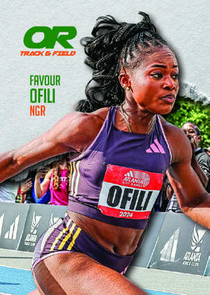 Favour Ofili in a purple racing kit, with green name lettering and a pale textured upper background.