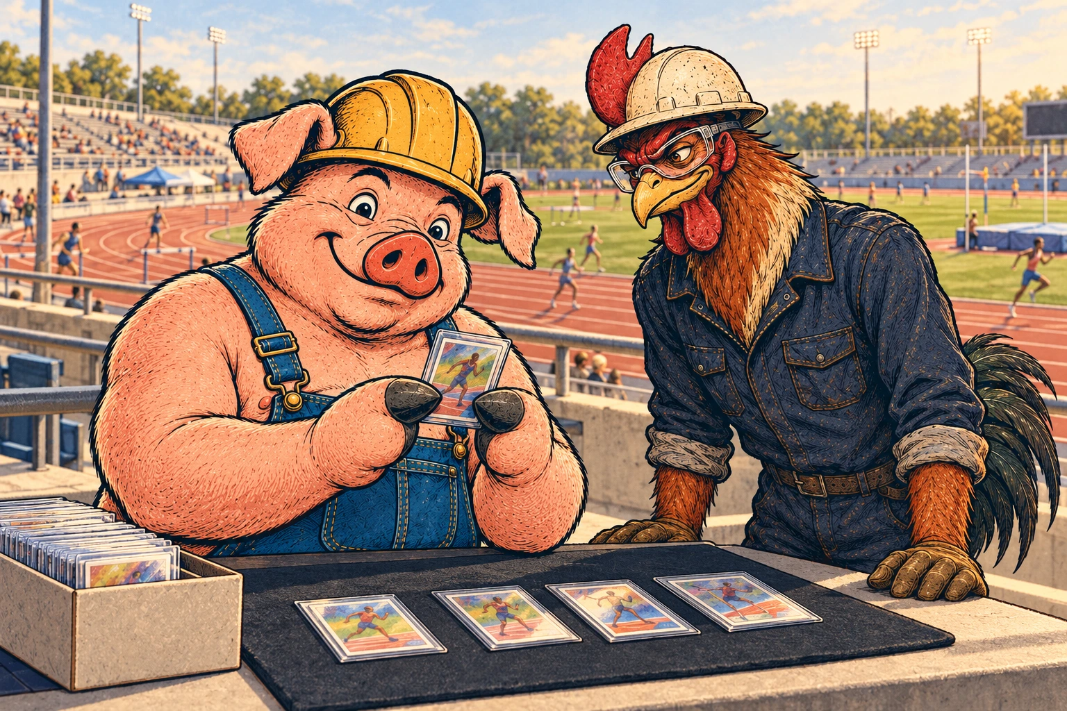 Hammy and Riggs looking over trading cards at a table beside an outdoor athletics track.