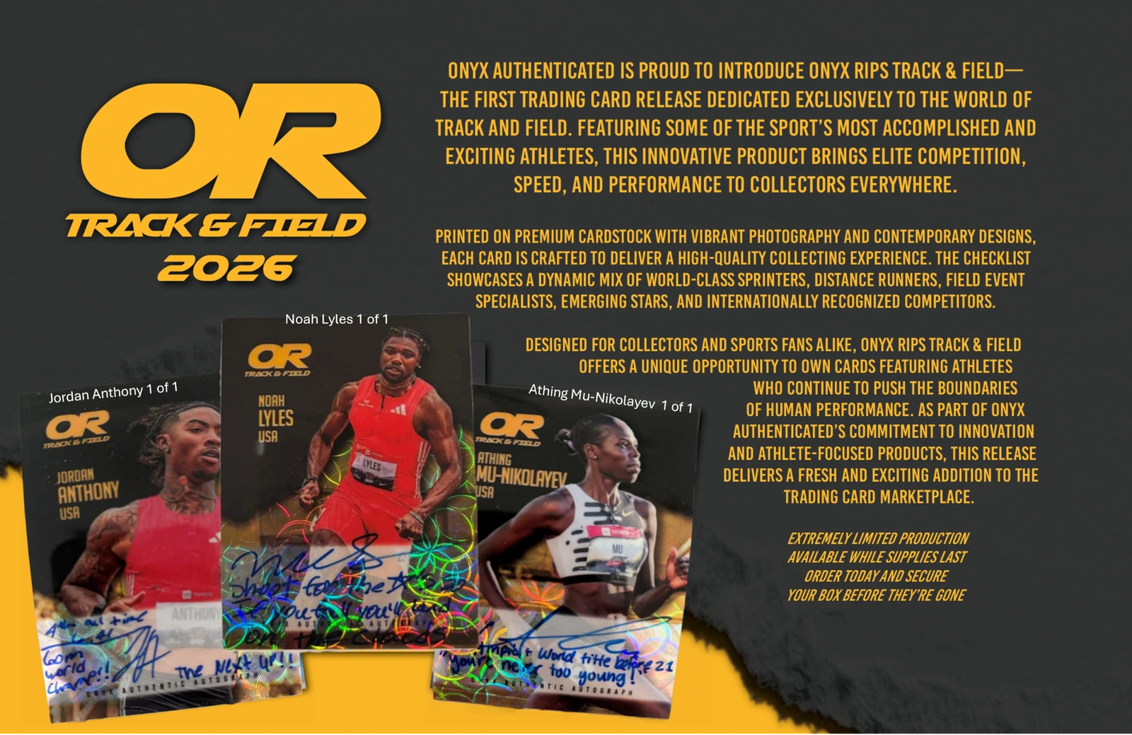 Onyx highlight image showing Jordan Anthony, Noah Lyles and Athing Mu-Nikolayev inscribed autograph examples labelled 1 of 1.