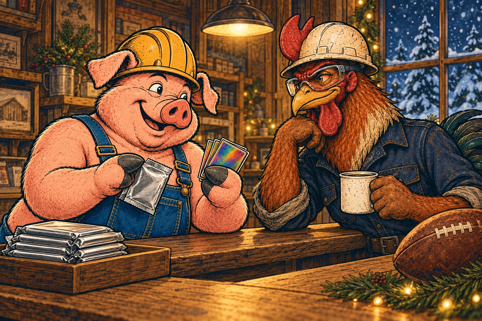 Hammy opens a silver card pack while Riggs watches with a mug at the shop counter on a snowy evening.