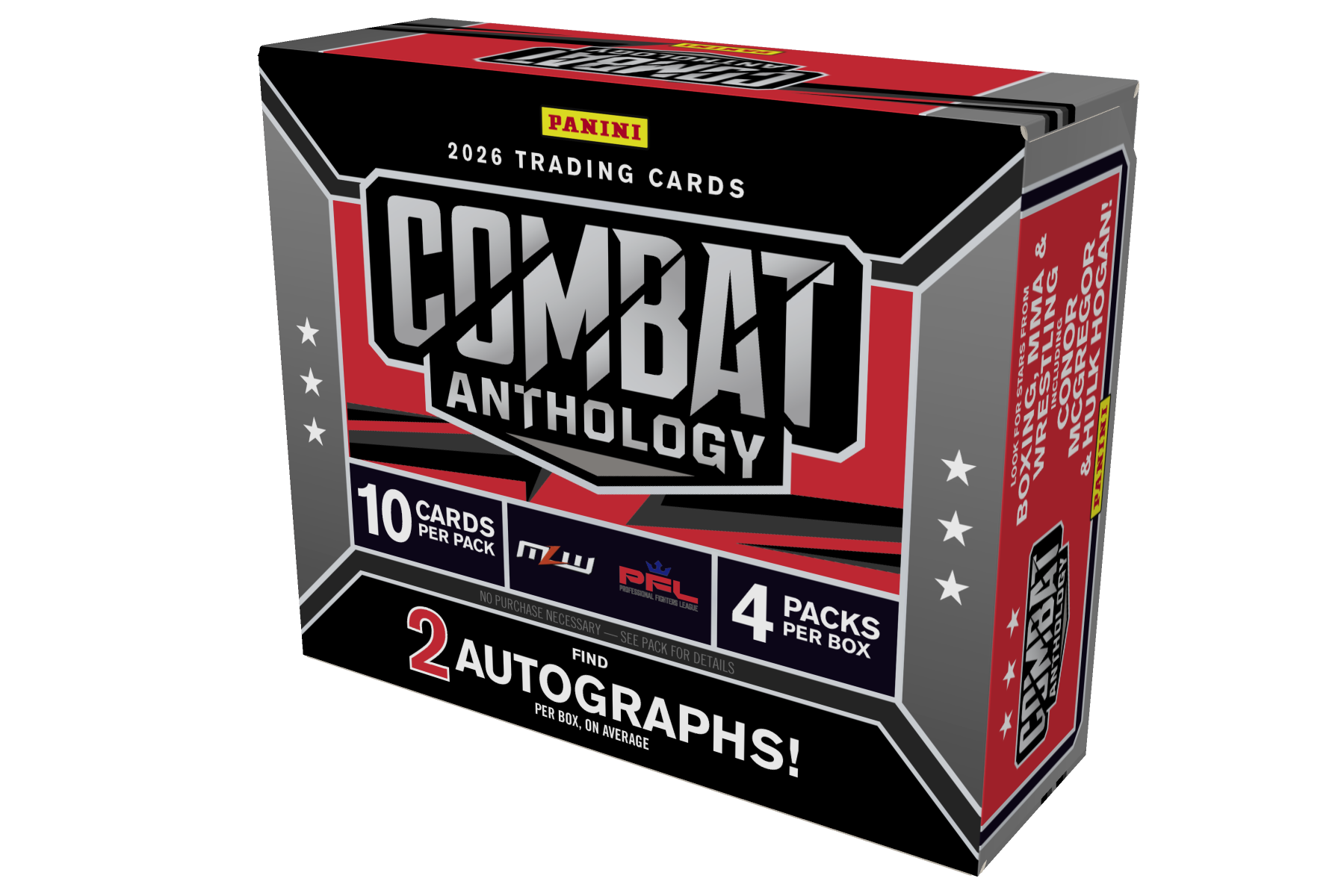 The black, red and silver 2026 Panini Combat Anthology Hobby box, showing four packs and ten cards per pack.