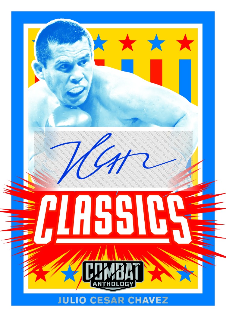 Julio César Chávez in a blue-tinted boxing portrait with red, yellow and blue Classics graphics on a 2026 Combat Anthology autograph preview.