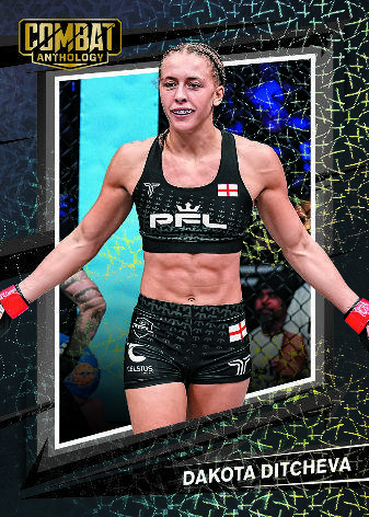 Dakota Ditcheva in PFL fight gear on a 2026 Combat Anthology Base KO preview with a dark patterned frame.