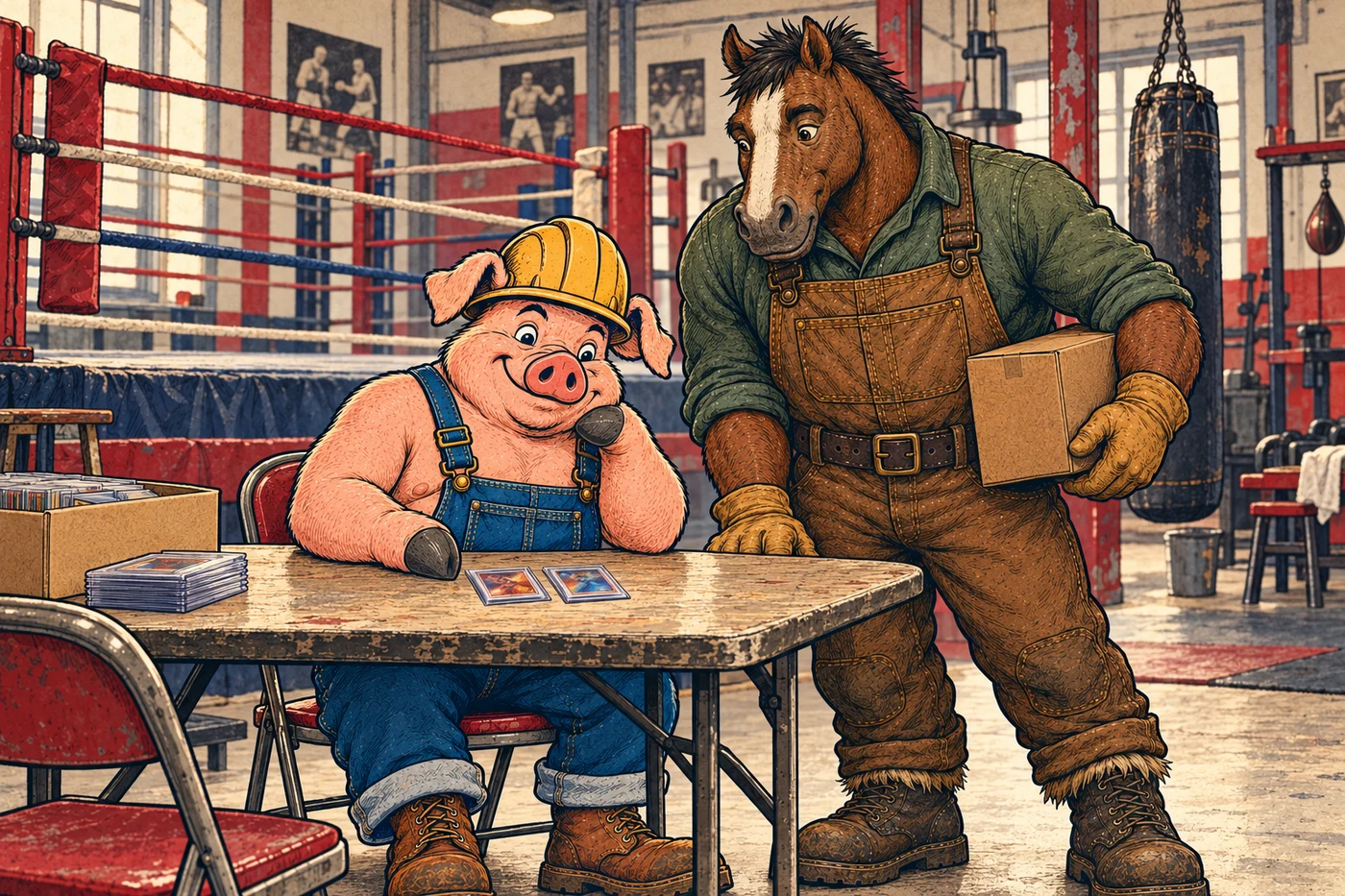 Hammy and Clyde looking over sleeved trading cards at a table beside a boxing ring.