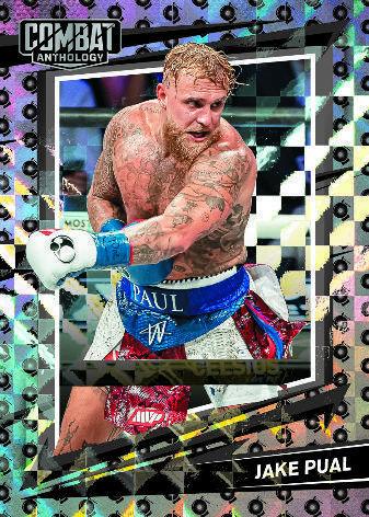 Jake Paul throwing a punch on a 2026 Combat Anthology Base Ring Bell preview with a patterned border.