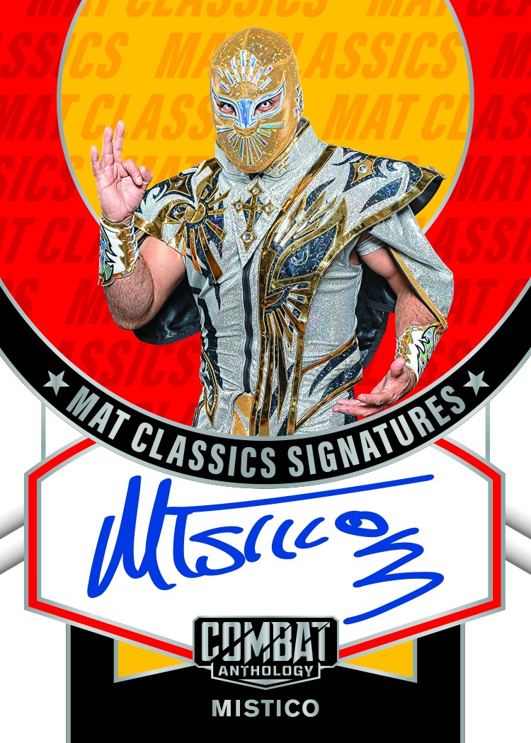 Místico in a gold and silver mask and costume above a blue autograph on a 2026 Combat Anthology Mat Classics Signatures preview.