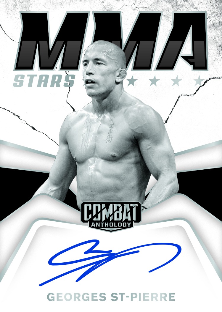Georges St-Pierre in a monochrome portrait above a blue autograph on a 2026 Combat Anthology MMA Stars Signatures preview.
