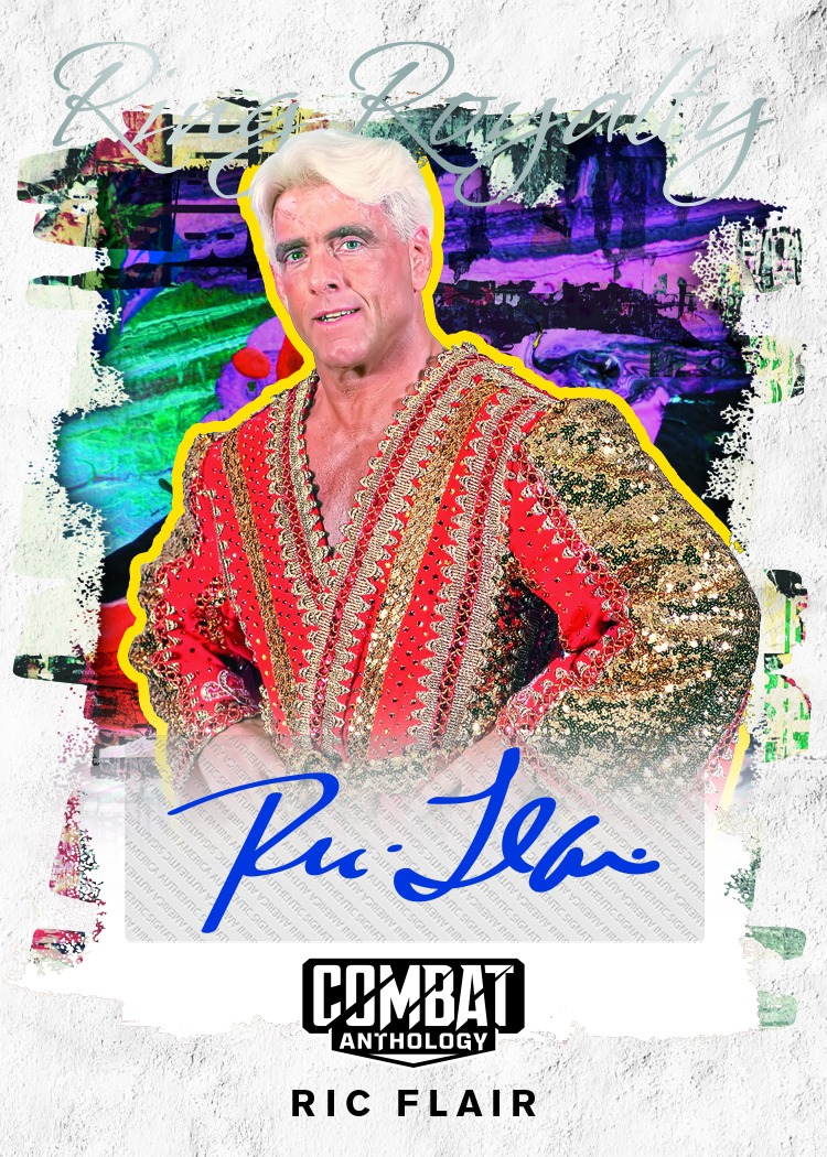Ric Flair in a red and gold robe against a painted multicolor background on a 2026 Combat Anthology Ring Royalty Signatures preview.
