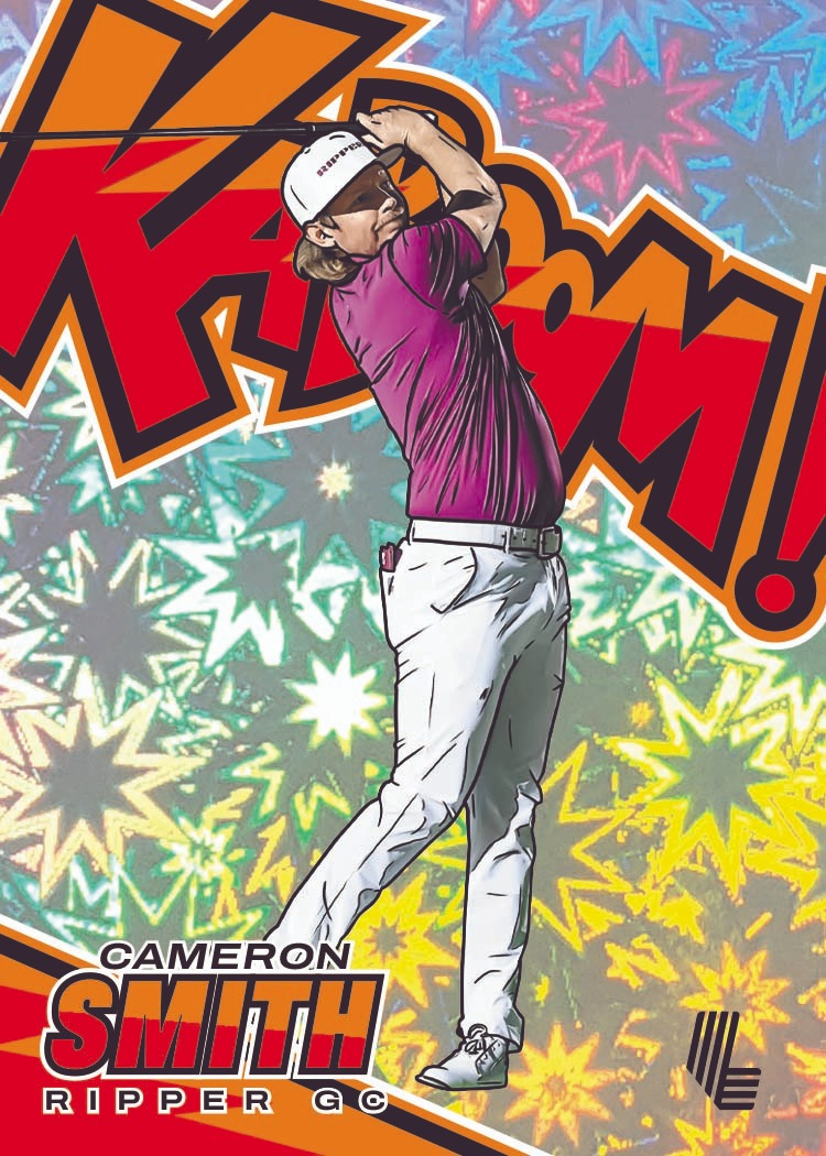 Cameron Smith Kaboom! promotional golf card showing his swing in a purple shirt and white trousers against a multicolored starburst background, with Ripper GC text and the LIV Golf logo.