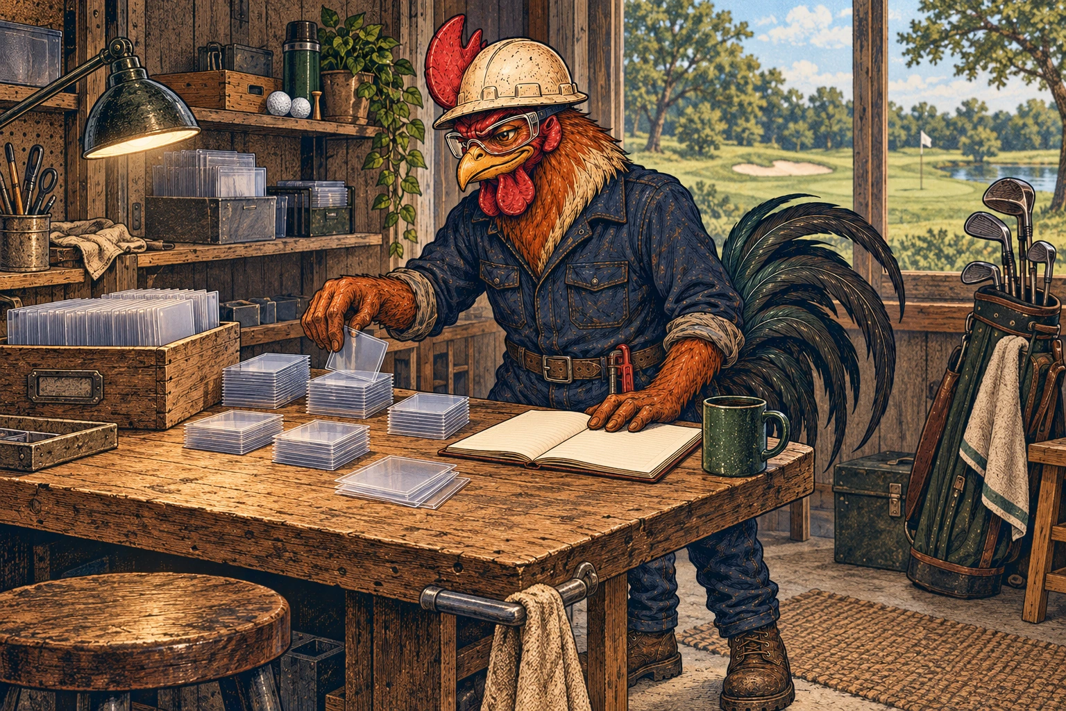 A rooster wearing an off-white hard hat, safety glasses, navy coveralls and work boots sorts clear card sleeves at a wooden workbench beside an open blank notebook. Golf clubs stand nearby, and a golf course is visible through the window.