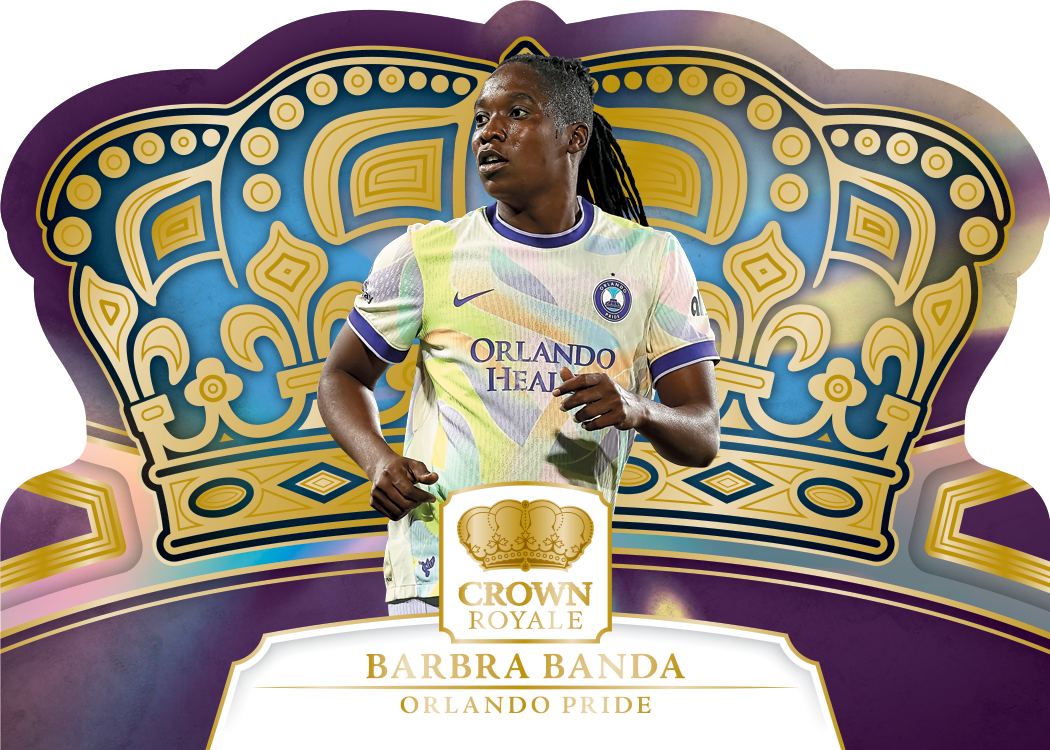 Barbra Banda’s horizontal Crown Control Gold preview in an Orlando Pride shirt, framed by a large gold-and-blue crown.