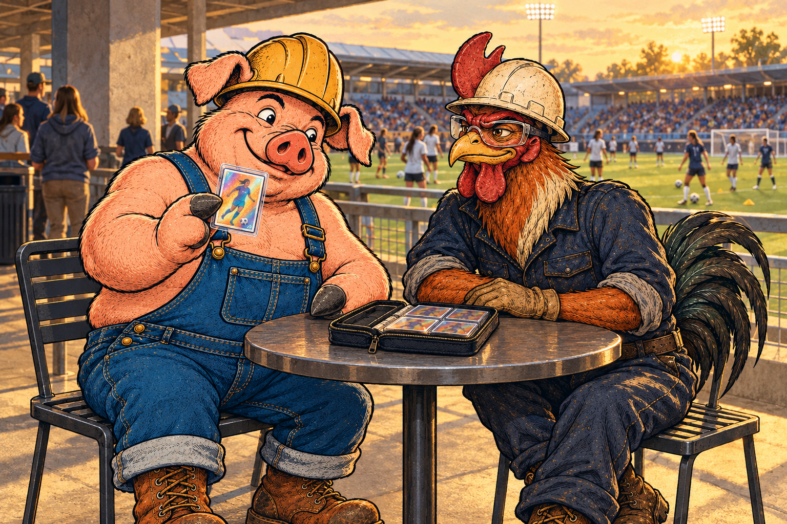 Hammy and Riggs look at protected soccer cards on a stadium concourse before a women’s match.