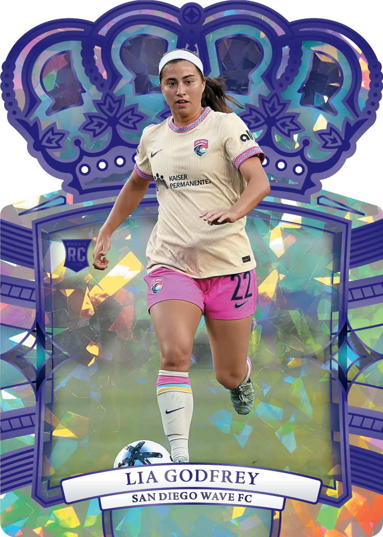 Lia Godfrey’s Base Crystal Purple rookie preview, showing the San Diego Wave midfielder running with the ball beneath a large purple crown.