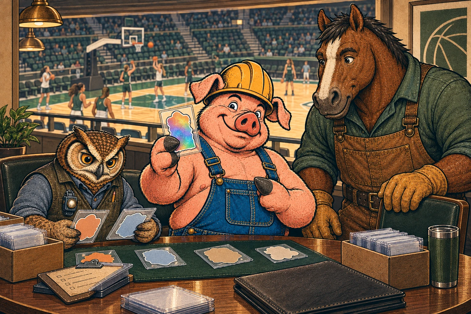 Hammy, Lemmy and Clyde enjoy basketball cards at an arena hospitality table.